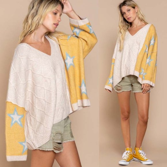 NEW POL Dandelion Blue Star Diamond Knit Color Block V Neck Oversized Sweater - Picture 2 of 11